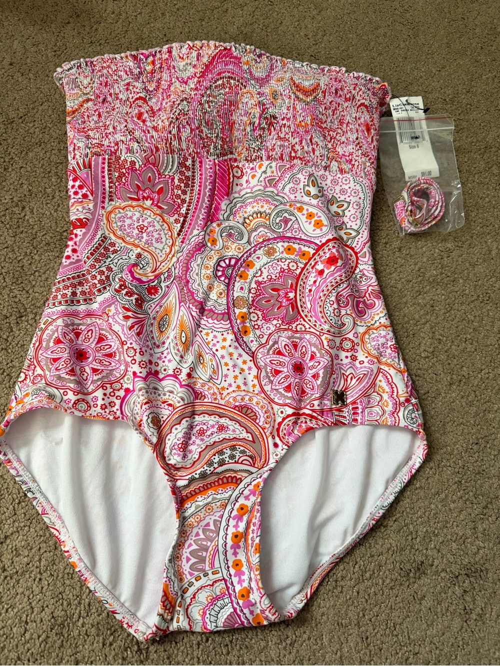 NWT Women’s Liz Claiborne Paisley Smocked Bandeau Maillot Swimsuit 8 Calypso 1pc